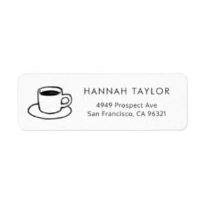 simple black and white return address label with coffee cup and saucer motif