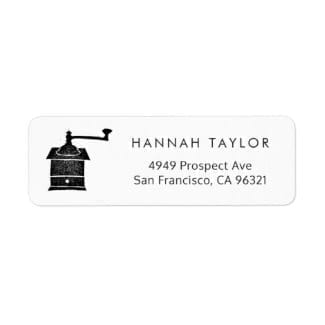 simple black and white return address label with a rustic coffee mill motif