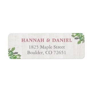 return address label with whitewashed rustic wood base and simple green leaves