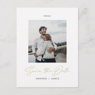 simple modern photo wedding save the date postcard with gold script