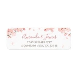Return address label with pink sakura Japanese cerrry blossoms and a modern script