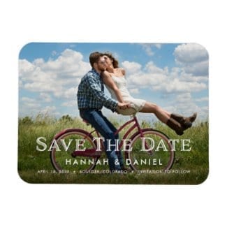 3" x 4" wedding save the date horizontal photo fridge magnet with rounded corners and white text