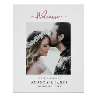 simple modern photo wedding welcome sign with rose gold text