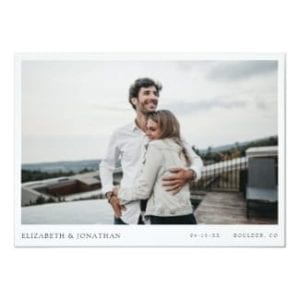 Horizontal photo wedding save the date flat card with modern minimalist design and white borders
