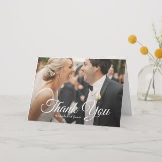 simple wedding thank you folded card template with photo and elegant script