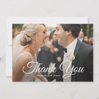 wedding thank you flat card with photo and elegant script in white