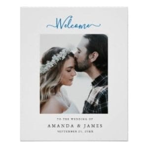 Simple modern photo beach wedding welcome sign with ocean blue text and white border