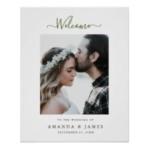 Spring wedding welcome sign with photo and olive green text and white border