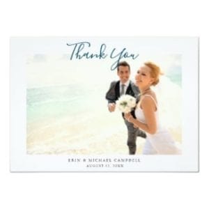 simple modern horizontal beach wedding thank you flat card with photo and blue script