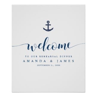 Simple nautical wedding rehearsal dinner welcome sign with rustic blue anchor and whimsical modern script