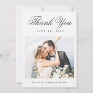 Simple photo wedding thank you flat card with elegant script and white borders