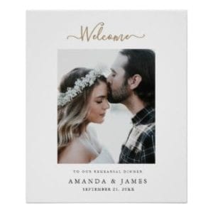 Wedding rehearsal dinner welcome sign with photo and modern gold script