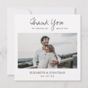 Square 5.25" x 5.25" wedding thank you card with photo, thank you for sharing our special day text and simple white border