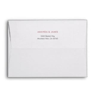 Simple white wedding invitation envelope with rose gold return address on back flap.