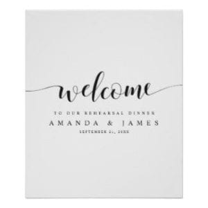 simple modern minimalist black and white wedding rehearsal dinner welcome sign with whimsical script