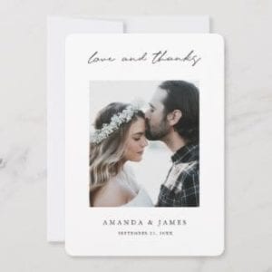 simple modern photo wedding thank you card with love and thanks in black script