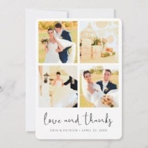 four photo collage wedding thank you card with love and thanks in a modern black script and a pre printed message on back