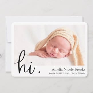 simple modern horizontal photo birth announcement for boy or girl with white borders and hi in black script