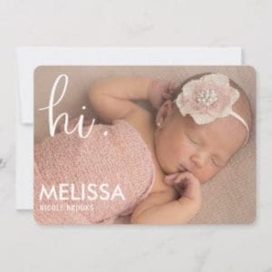 simple modern photo birth announcement card with 'hi' in white script