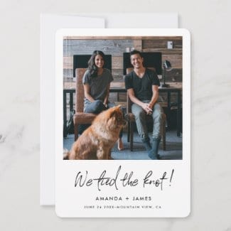 simple modern elopement announcement flat card with photo and white borders and 'we tied the knot!' in black script