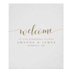 simple modern wedding rehearsal dinner welcome sign with whimsical gold script on white