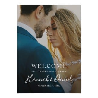 simple modern full photo wedding rehearsal dinner welcome sign with whimsical white script