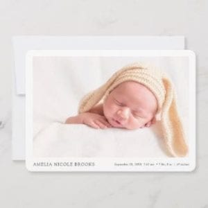simple modern minimalist horizontal photo birth announcement card with borders for boy or girl