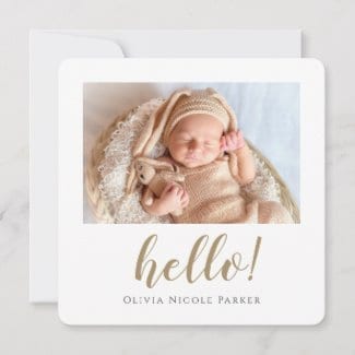 simple modern square birth announcement flat card for girl or boy with photo, borders and gold script