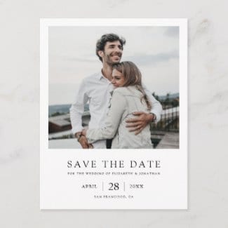 simple modern black and white wedding save the date postcard with photo and borders with a vintage polaroid look