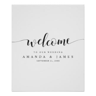 simple modern flowing script black and white wedding welcome sign
