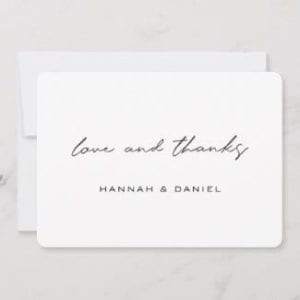 simple modern horizontal wedding gift thank you card with love and thanks in black script