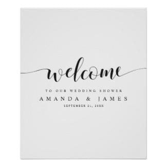 simple minimalist modern couples shower welcome sign in black and white with whimsical script
