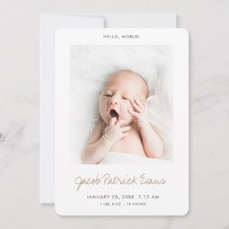 simple modern photo birth announcement flat card with baby's name in gold script