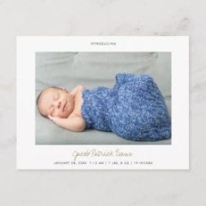 simple modern horizontal photo birth announcement postcard with white borders and gold script for boy or girl