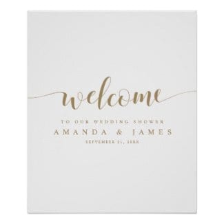 simple modern minimalist gold and white couples shower welcome sign with whimsical script
