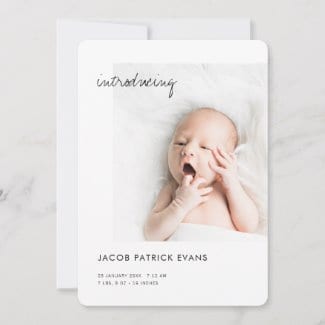 minimalist birth announcement card black and white with introducing in modern script with photo