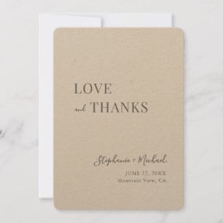 simple rustic love and thanks script wedding thank you card on brown kraft paper