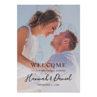minimalist modern wedding rehearsal dinner welcome sign with full photo and black script
