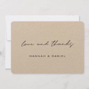 simple modern rustic wedding thank you card with love and thanks in black script on brown kraft paper in horizontal format