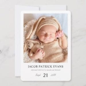 simple modern photo birth announcement card with white borders