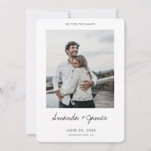 simple modern photo elopement announcement flat card with white borders and 'We tied the knot!' in black script