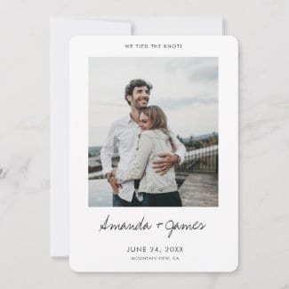 simple modern photo elopement announcement flat card with white borders and 'We tied the knot!' in black script