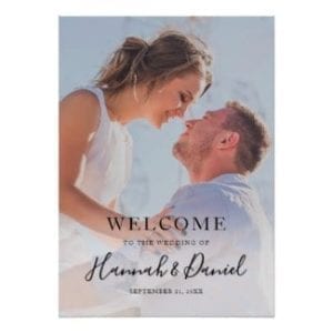 simple modern full photo wedding welcome sign with a whimsical black script
