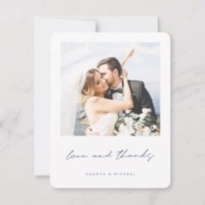 simple modern photo weddng thank you card with 'love and thanks' in blue with white borders