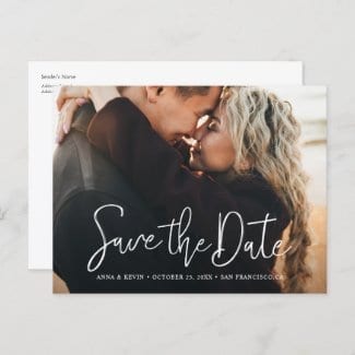 custom save the date postcard with horizontal format, full photo and modern white script