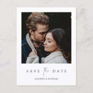 modern minimalist wedding save the date postcard wiith photo and white borders