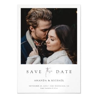 minimalist save the date magnet with photo, white borders and black text