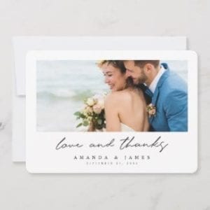 simple modern horizontal photo love and thanks wedding thank you card with black text and white borders
