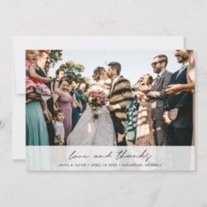 horizontal personoalized wedding thank you card with photo and love and thanks in modern black script