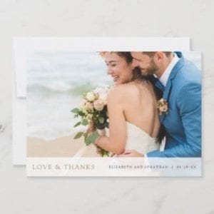 horizontal photo wedding thank you card with love and thanks in gold and pre printed message on back